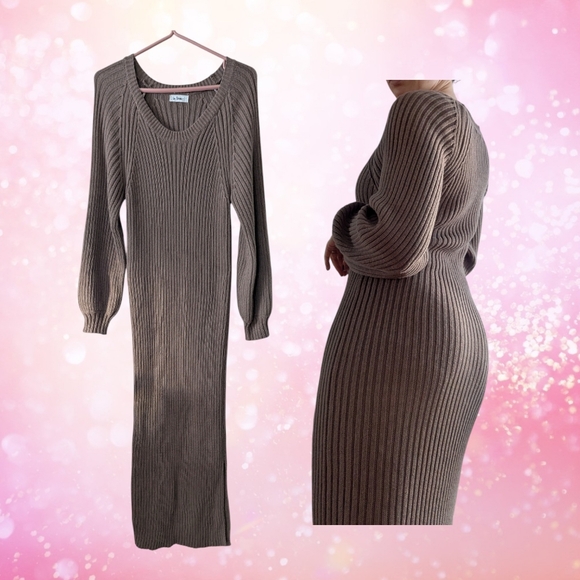In Loom Brown Sweater Bodycon Maxi Dress Scoop Neck Oversize Sleeves Size L - Picture 2 of 11